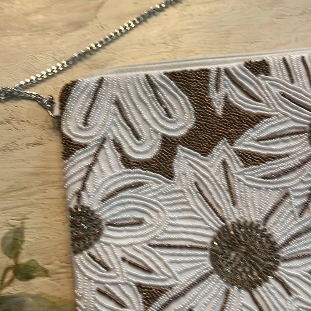 Beaded White and Bronze Floral Wristlet Clutch